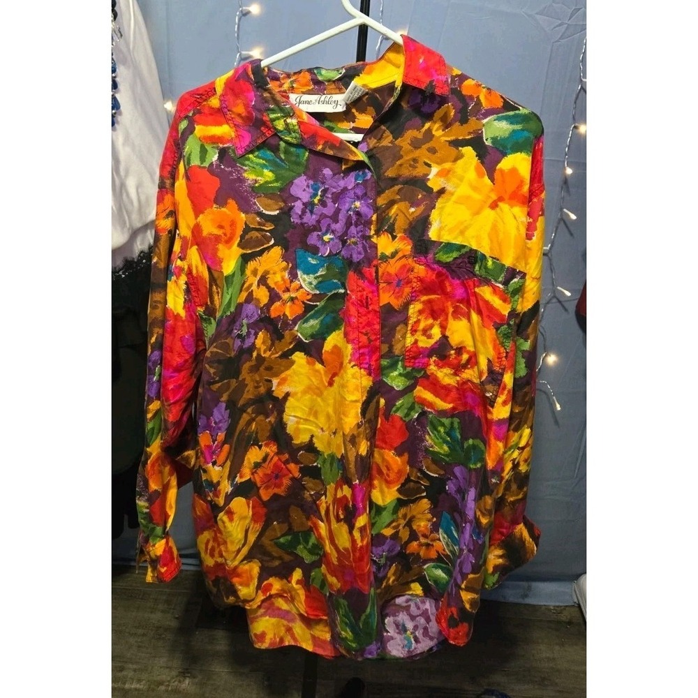 Vintage Womens Jane Ashley 100% Silk 80's Long Sleeve BUTTON Down Sz Med Vibrant